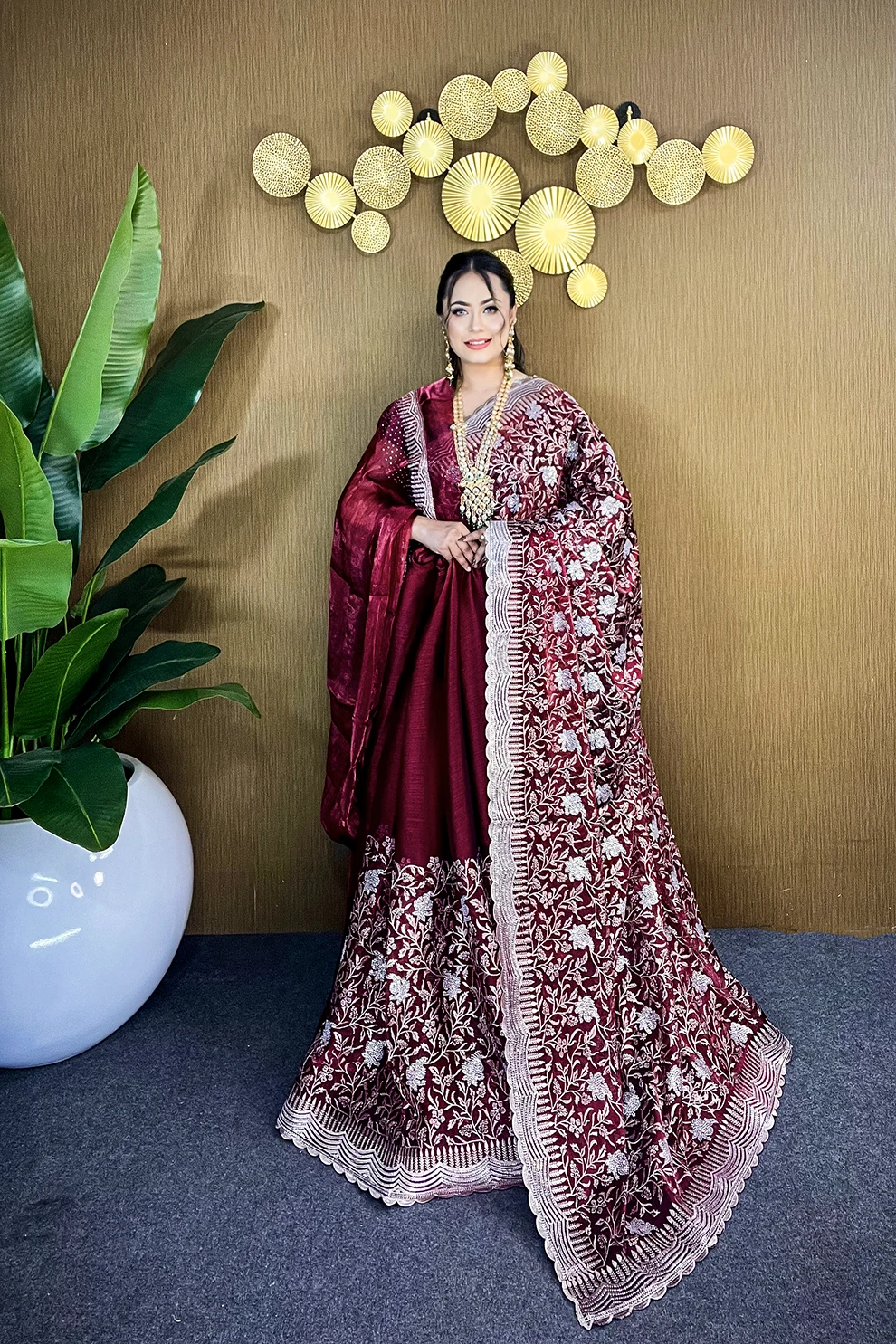 Maroon Silver Grace – Premium High Grade Stone Saree ✨